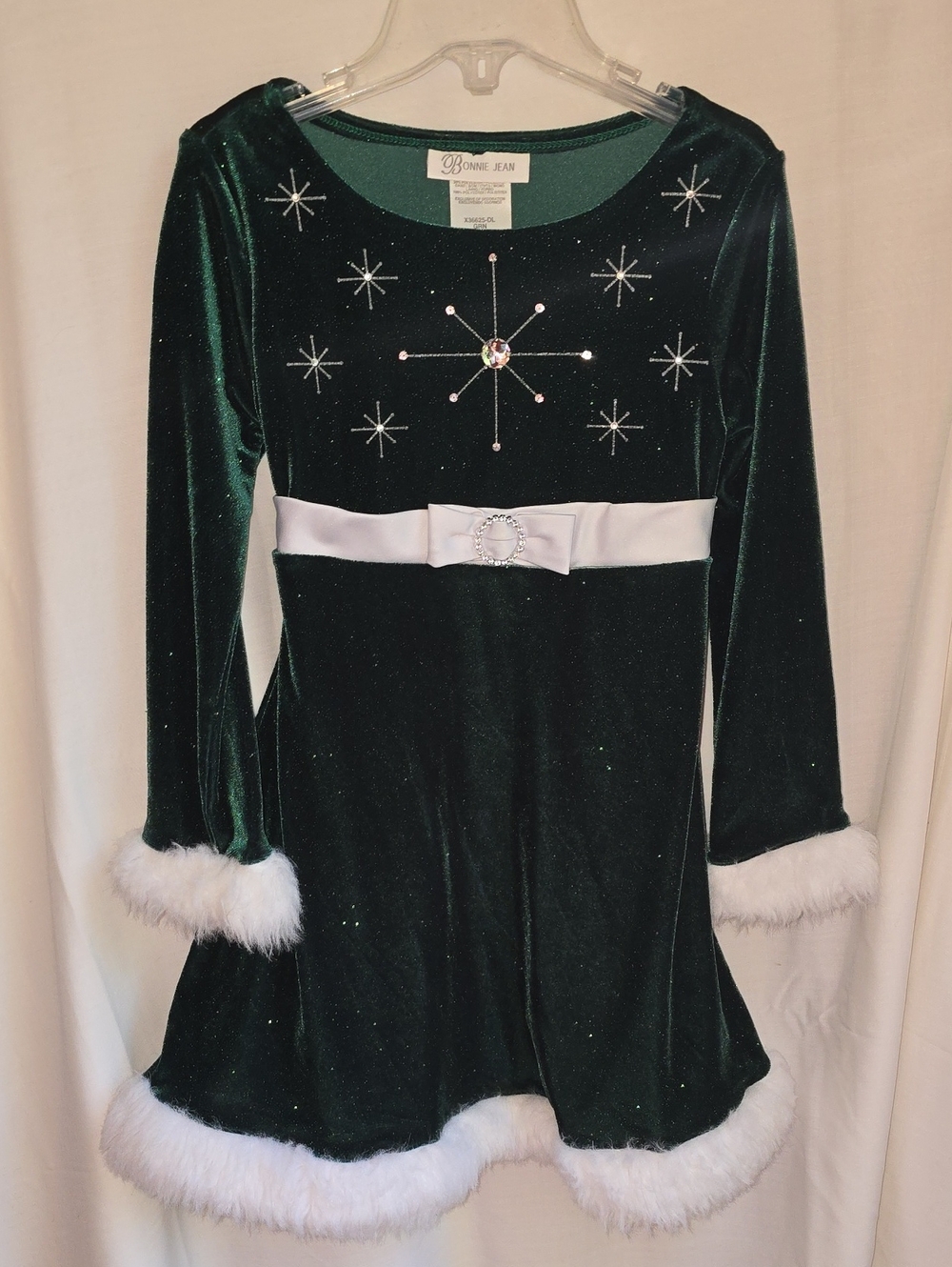 Bonnie Jean Dark Green Velvet Holiday Dress with White Faux Fur Trim